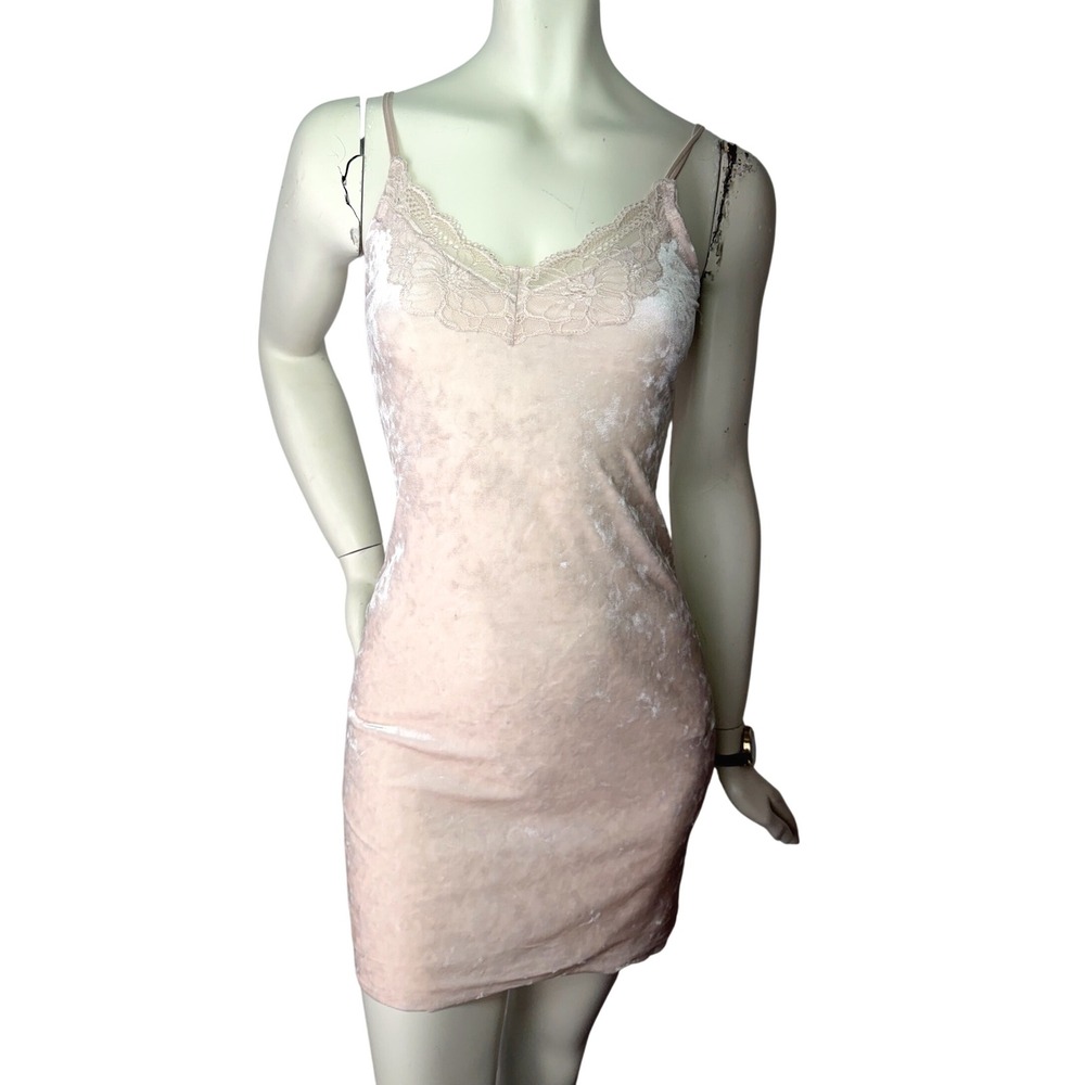 Velvet Mini Slip Dress Lace Trim Blush Pink Coquette Balletcore Y2K Style Sz S